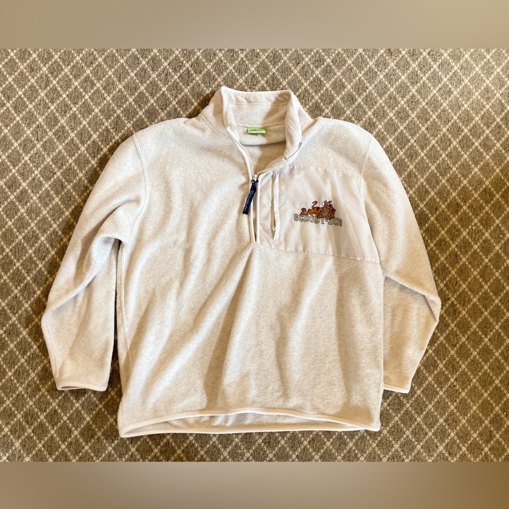 Vintage Cartoon Network Men's Cream Quarter-Zip Sweater, Scooby Doo. Size Large